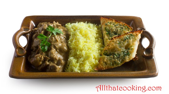 marinated Lamb with rice and garlic bread